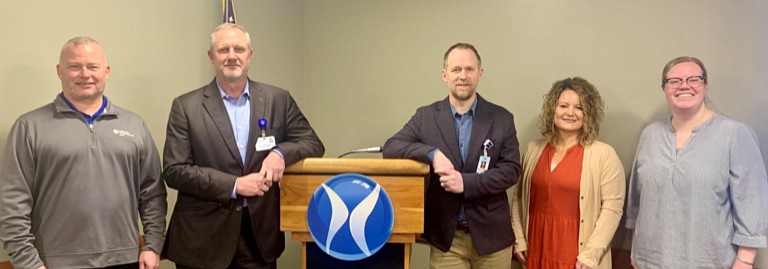 Kosciusko Leadership Academy cadets recently heard about healthcare in Kosciusko County. Pictured (L to R) are Mark Pepple, manager of Lutheran EMS; Lynn Mergen, CEO of Lutheran Kosciusko Hospital; Rob Ryan, CEO of the Bowen Center; KLA cadet Nichole Fifer, sponsored by Kosciusko REMC; and KLA cadet Audrey Hampshire, sponsored by Ivy Tech Community College. Photo Provided