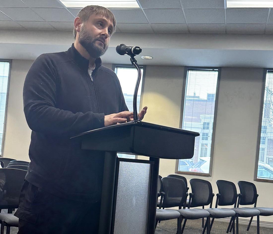 Travis McConnell requests permission Friday from the Warsaw Board of Public Works and Safety for road closures on March 16 for “Shamrock Shimmy,” a 5K run/walk. Photo by David Slone, Times-Union