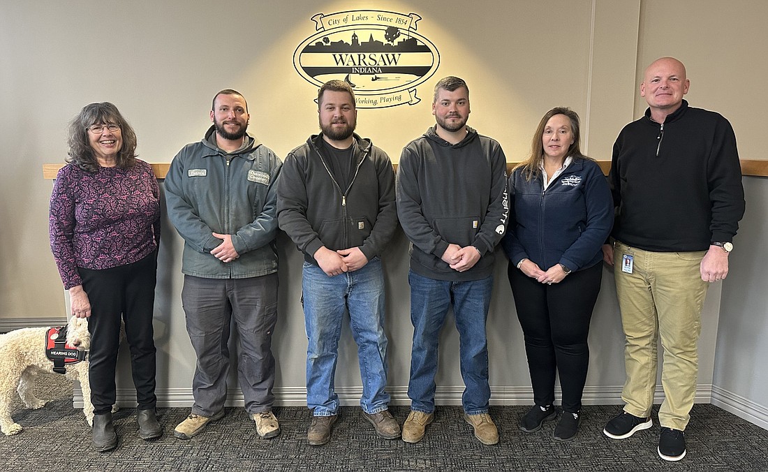 During Friday’s Warsaw Board of Public Works and Safety meeting, Human Resource Director Denny Harlan recognized city employees who have five, 15 or 20 years of service. Pictured (L to R) are board member Councilwoman Diane Quance; Travis Shipp, Oakwood Cemetery, five years; Ian Keirn, street department, five years; Austin Schaefer, street department, five years; Terri Keim, street department, 20 years; and Mayor Jeff Grose. Not present were Ben Cordell, wastewater treatment utility, five years; and Nancy Hobbs, clerk’s office, 15 years. Photo by David Slone, Times-Union