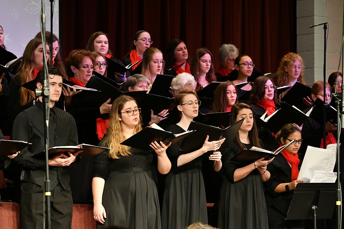 The Community Chorale was joined by the Grace College Lancer Chorus in this photo from the Christmas program in 2021. The Lancer Chorus will join the Community Chorale again for the Burst Into Song spring concert. Youth Chorale from Warsaw and the Children’s Choir from Bremen will also perform. Photo Provided.