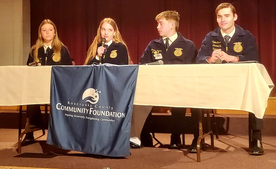 Pictured (L to R) are Libby Haab, Wawasee FFA; Justine Ocken, Whitko FFA; Issiac Ramsey, Tippecanoe Valley FFA; and Rylan Cooper, Warsaw FFA. Photo by Jackie Gorski, Times-Union