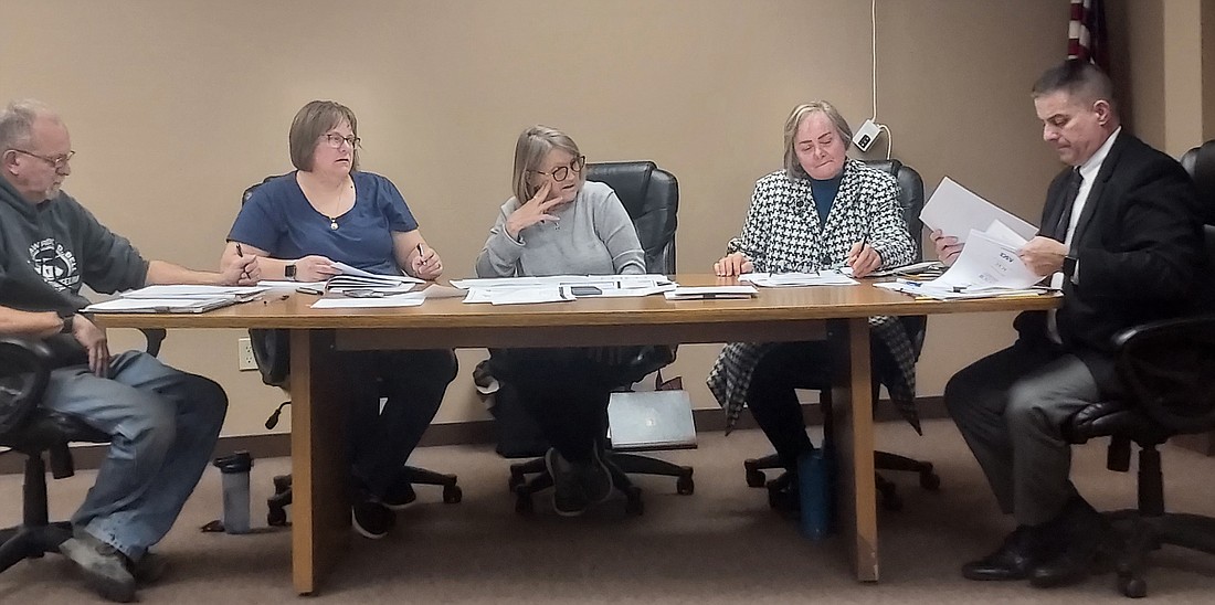 Pictured (L to R) are Mentone Town Councilman Tim Croy, Clerk-Treasurer Amanda Yaprak, Councilwomen Jill Gross and Shelly Krueger and town attorney Andrew Grossnickle. Photo by Jackie Gorski, Times-Union