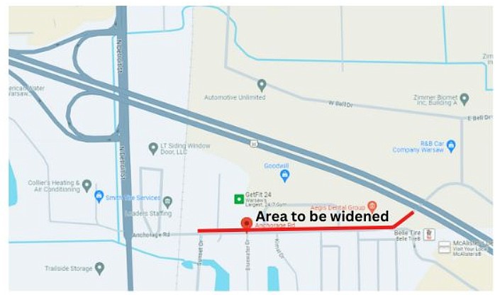 Red line shows the span of the project on Anchorage Road. Map Provided.