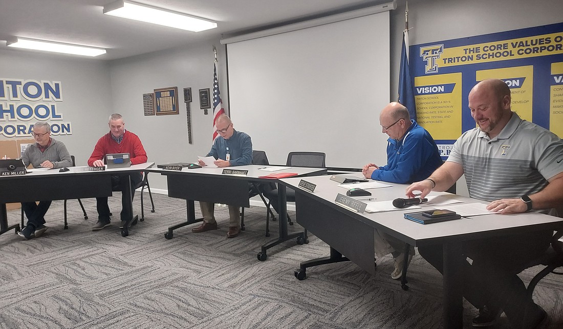 Pictured (L to R) are Triton School Board members Ken Miller, Wes Rettinger, Ken Boger, Steve Stichter and Superintendent Jeremy Riffle. Photo by Jackie Gorski, Times-Union