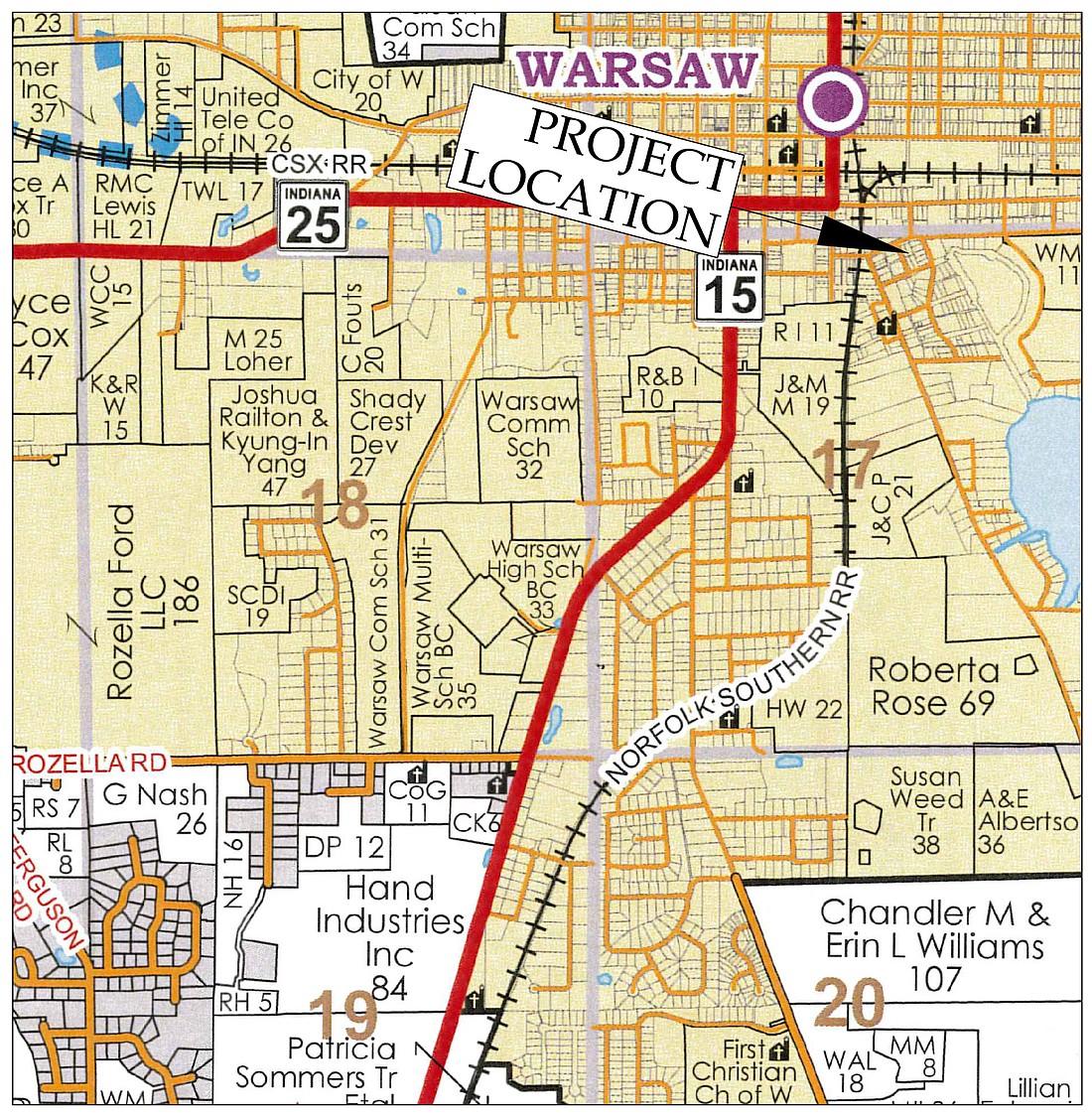 The black arrow points to where the duplexes will be built at the intersection of Pope and Segal streets in Warsaw. Map Provided.