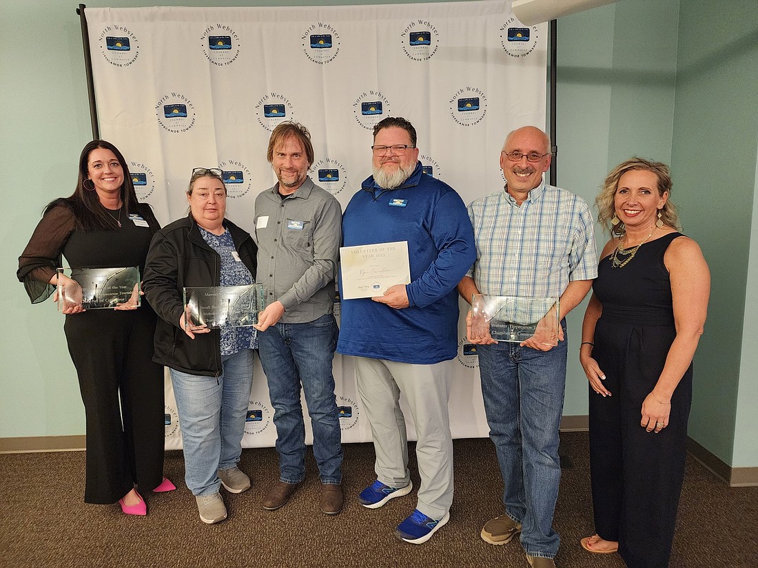 The 2023 North Webster-Tippecanoe Township Chamber of Commerce Award winners are shown (L to R): Gwen Fuchs, manager, Northwest Bank, Large Business Of The Year; Peni Lippert and Chris Trowbridge, Maverick Promotions, Small Business Of The Year; Ryan Coverstone, Volunteer of The Year; and Mike Kissinger, Person Of The Year. Photo by Deb Patterson, InkFreeNews