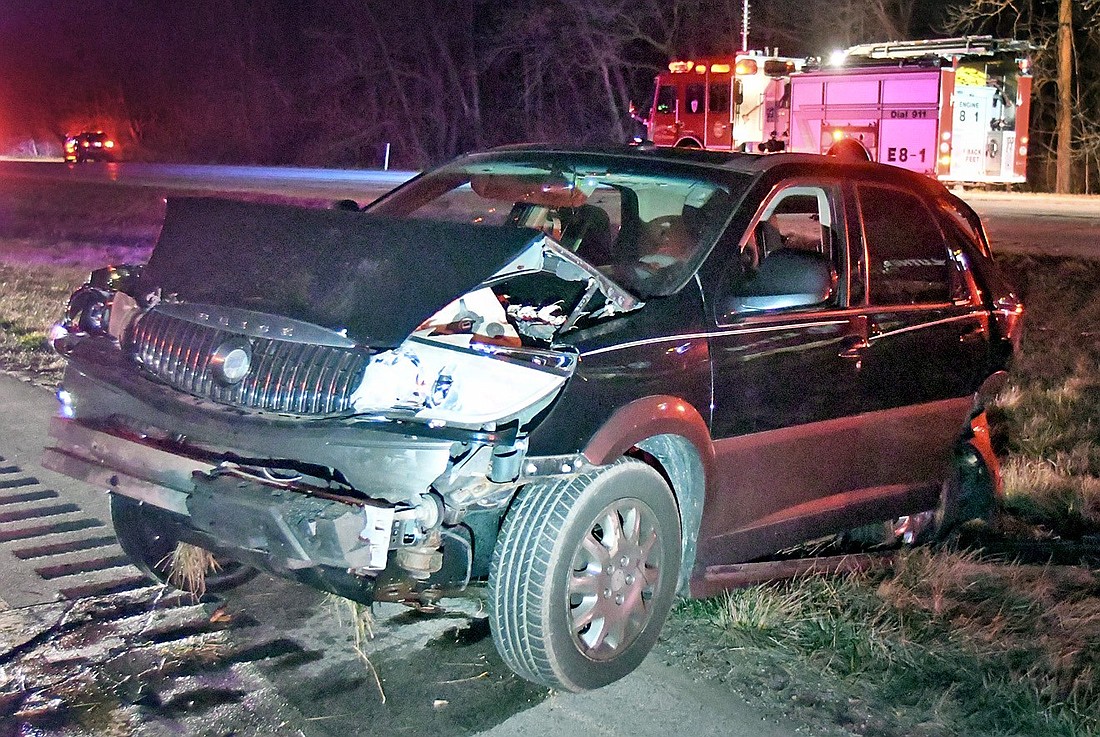 One of the vehicles involved in Wednesday's early morning accident came to rest in the eastbound lane of U.S. 30, west of CR 450E. Photo by Gary Nieter, Times-Union.