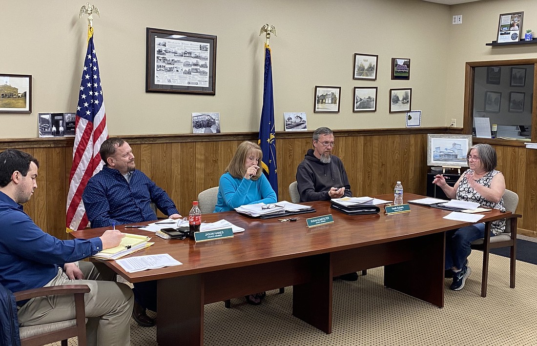 At the Etna Green Town Council meeting on Tuesday are (L to R) town attorney Nick Jacobs, Council Vice President Jason Hanes, Councilwoman Susan Klinefelter, Council President Heath Roberts and Clerk-Treasurer Patti Cook. Photo by Leah Sander, InkFreeNews