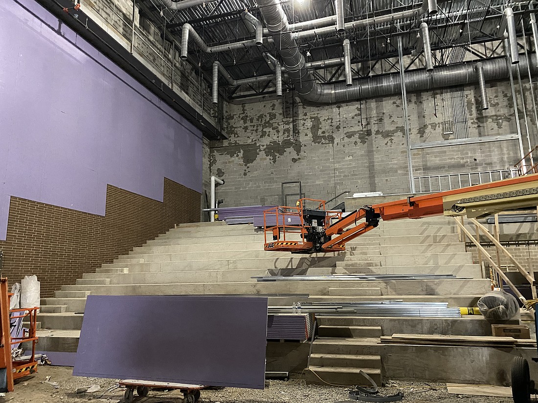 Shown is a view of Tippecanoe Valley High School’s new auditorium. Workers recently started putting the purple drywall up. Photo by Leah Sander, InkFreeNews