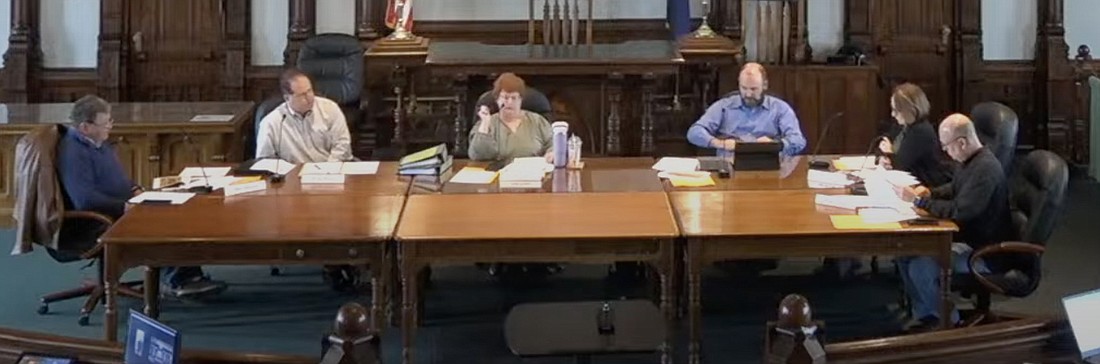 Pictured (L to R) are Kosciusko County Redevelopment Commission Secretary Dan Thystrup, Redevelopment Vice President Doug Hanes and Redevelopment President Joni Truex, commission attorney Adam Turner and commission members Jan Orban and Brad Johnson.  Screenshot from the Kosciusko County YouTube channel