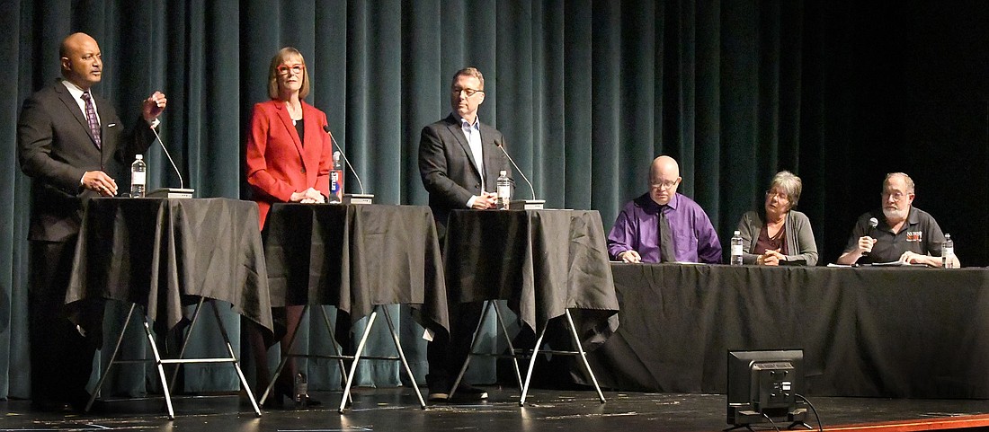 Indiana governor candidates (standing, L to R) Curtis Hill, Suzanne Crouch and Eric Doden answered 14 questions each from (sitting) David Slone, Times-Union; Deb Patterson, InkFreeNews; and Dan Spalding, News Now Warsaw. Photo by Gary Nieter, Times-Union