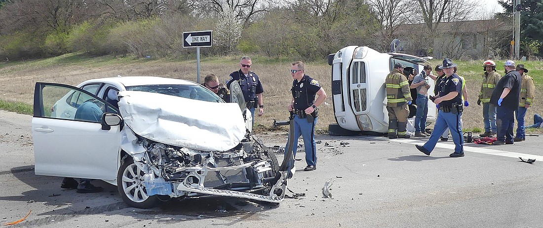 Injuries were reported after Monday afternoon's two-vehicle accident on U.S. 30 at CR 700W. Photo by Gary Nieter, Times-Union