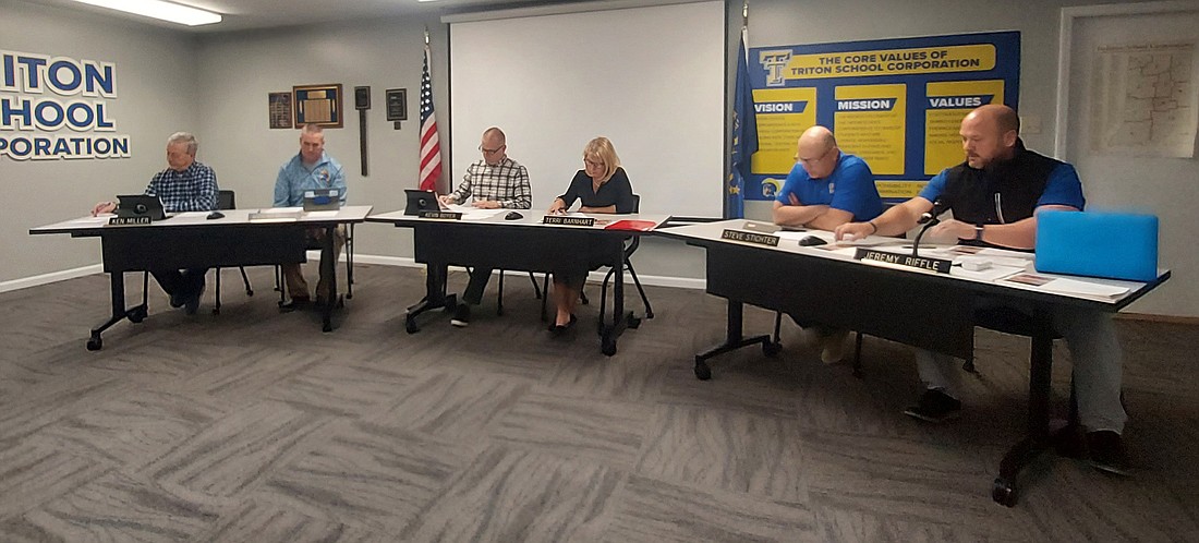 Pictured (L to R) are Triton School Board members Ken Miller, Wes Rettinger, Kevin Boyer, Terri Barnhart and Steve Stichter and Superintendent Jeremy Riffle. Photo by Jackie Gorski, Times-Union