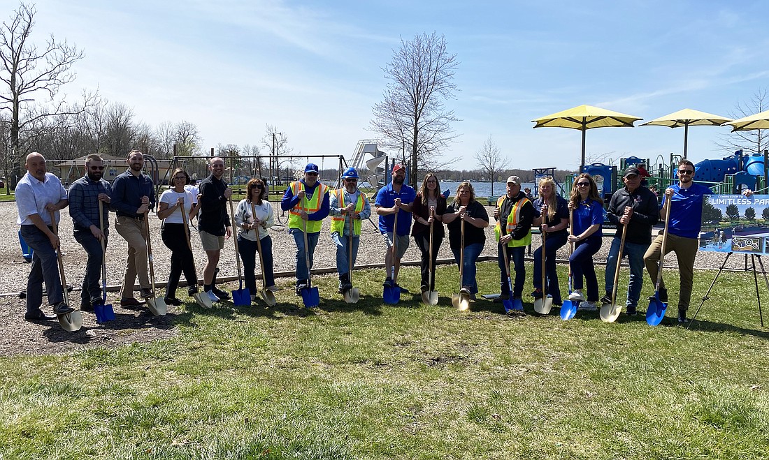 A groundbreaking was held for the final stage of Winona Lake Limitless Park on Tuesday. Pictured (L to R) are Kosciusko Chamber of Commerce Member Relations Manager Scott Wiley; Jones Petrie Rafinski engineering's Austin Blomeke and Nathan Deig; MaryPat Wallen, who helped start the park; Kosciusko County Community Foundation Vice President of Programs Alex Hall; K21 Health Foundation Grants Manager Jennifer Stewart; Premium Services' Rob Becker and Jim Rodino; Winona Lake Parks and Recreation Board member Travis Trump; AWS Foundation's Mandy Drakeford; Winona Lake Park and Recreation Department Director Holly Hummitch; Premium Services' Mark DeWitt; and Winona Lake Park and Recreation Board President Kristie Maiers and members Meghan Smith, Denny Duncan and J.T. Jacobson. Photo by Leah Sander, InkFreeNews