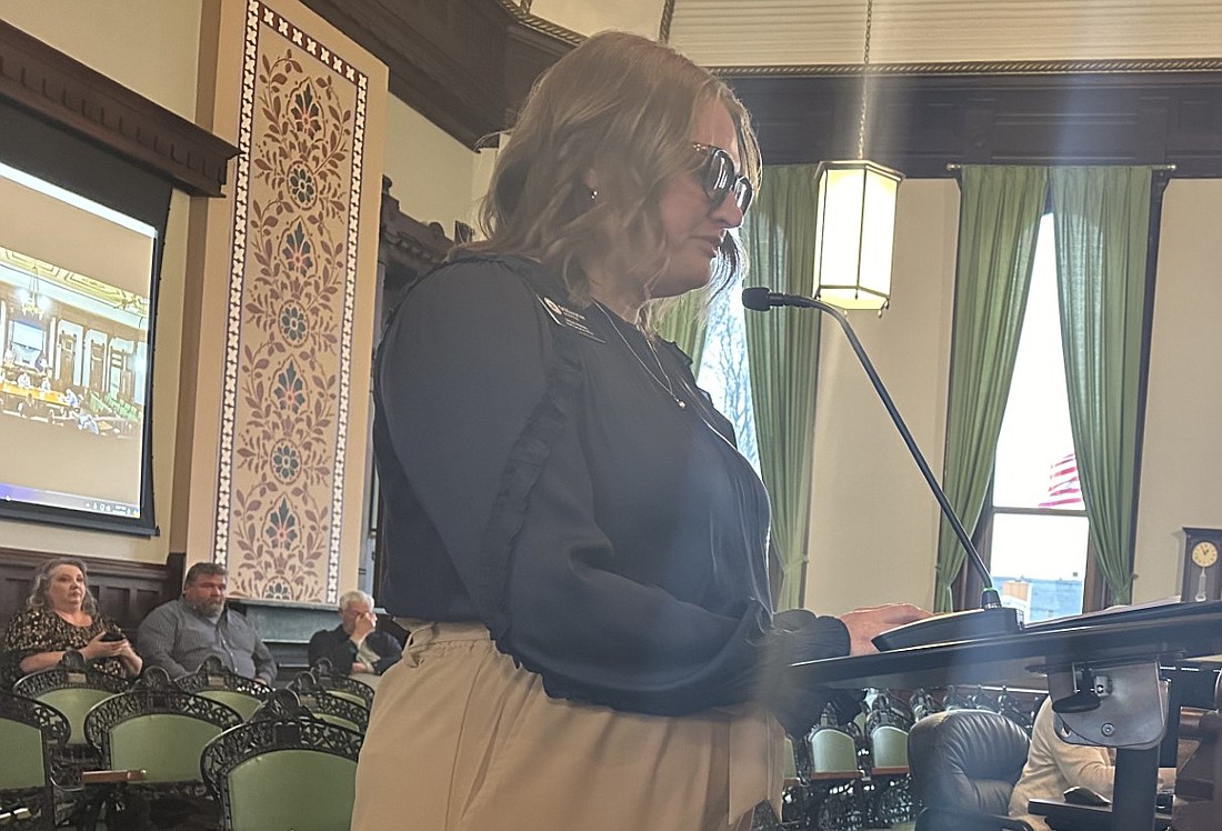 Stillwater Hospice CEO Leslie Friedel gives the Kosciusko County Council a quarterly update Thursday. Photo by David Slone, Times-Union