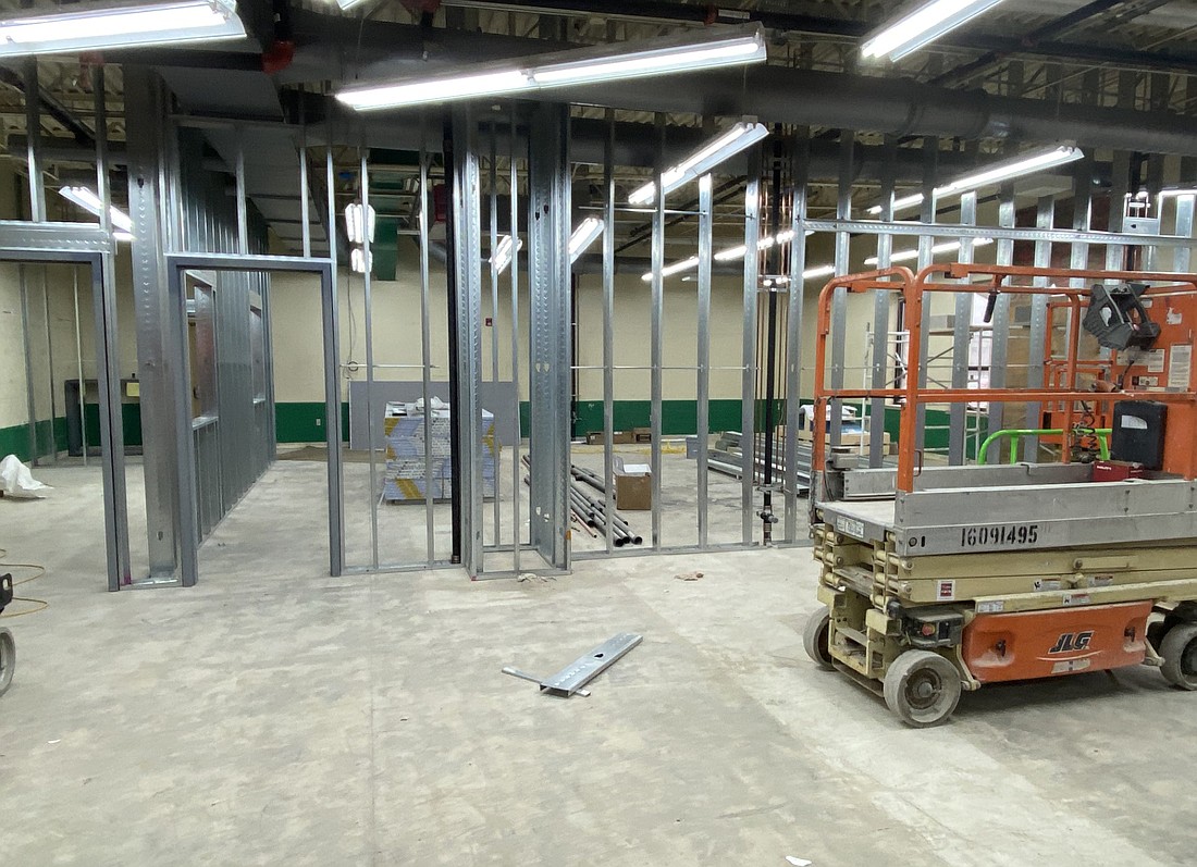 Walls for classrooms are going up in the new agriculture section at Tippecanoe Valley High School, one part of the ongoing construction project. Photo by Leah Sander, InkFreeNews