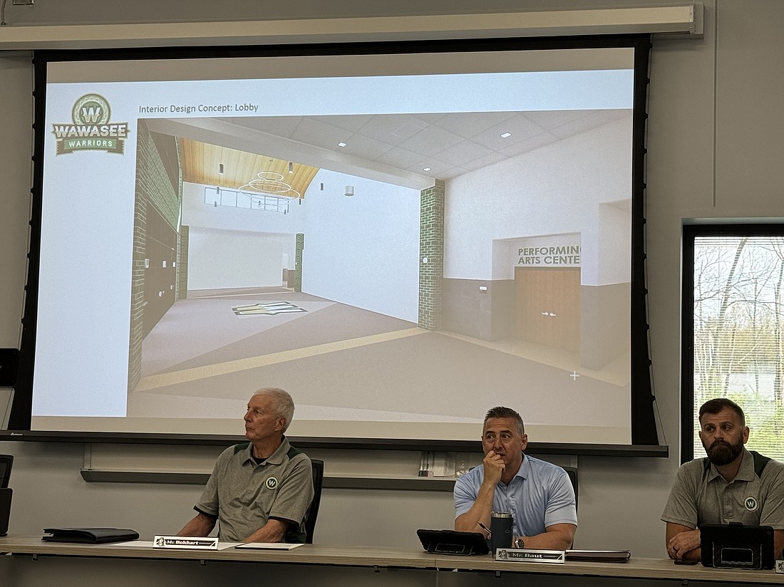 Garmann Miller presented the Wawasee School Board with multiple design concepts during its regular April board meeting. Pictured (L to R) are board members Don Bokhart, Steve Baut and Neil Likens. Photo by Marissa Sweatland, InkFreeNews