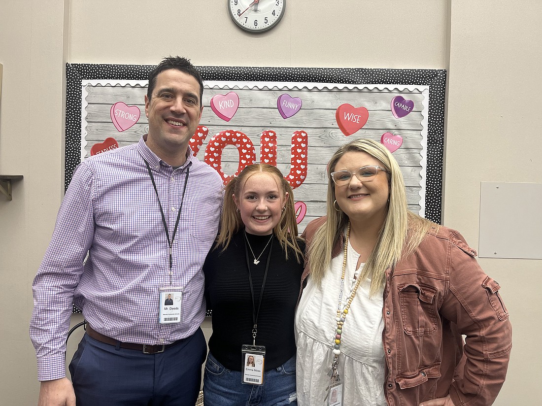 Pictured at Harrison Elementary are Matt Deeds, principal; Emma Moss, Warsaw Area Career Center education intern; and Ashley Starkweather, administrative assistant to the principal. Photo Provided.