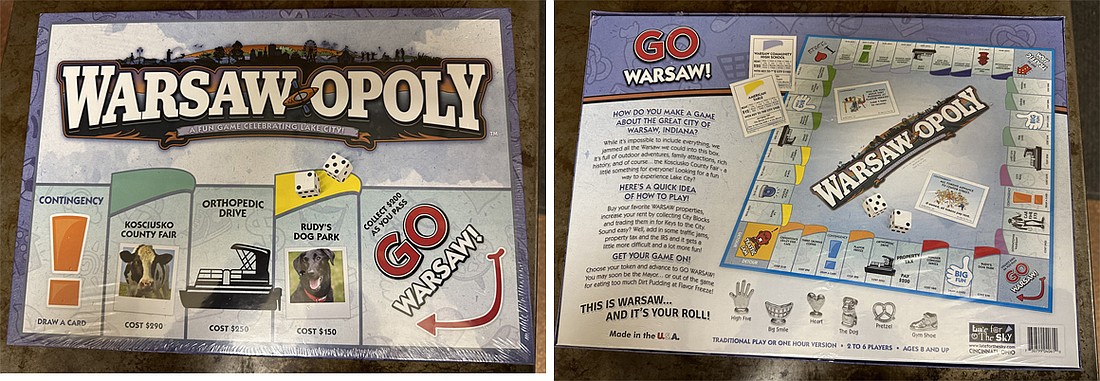 Pictured are the front (L) and the back (R) sides of the Warsaw-opoly board game purchased at the Warsaw Walmart. Photo by David Slone, Times-Union