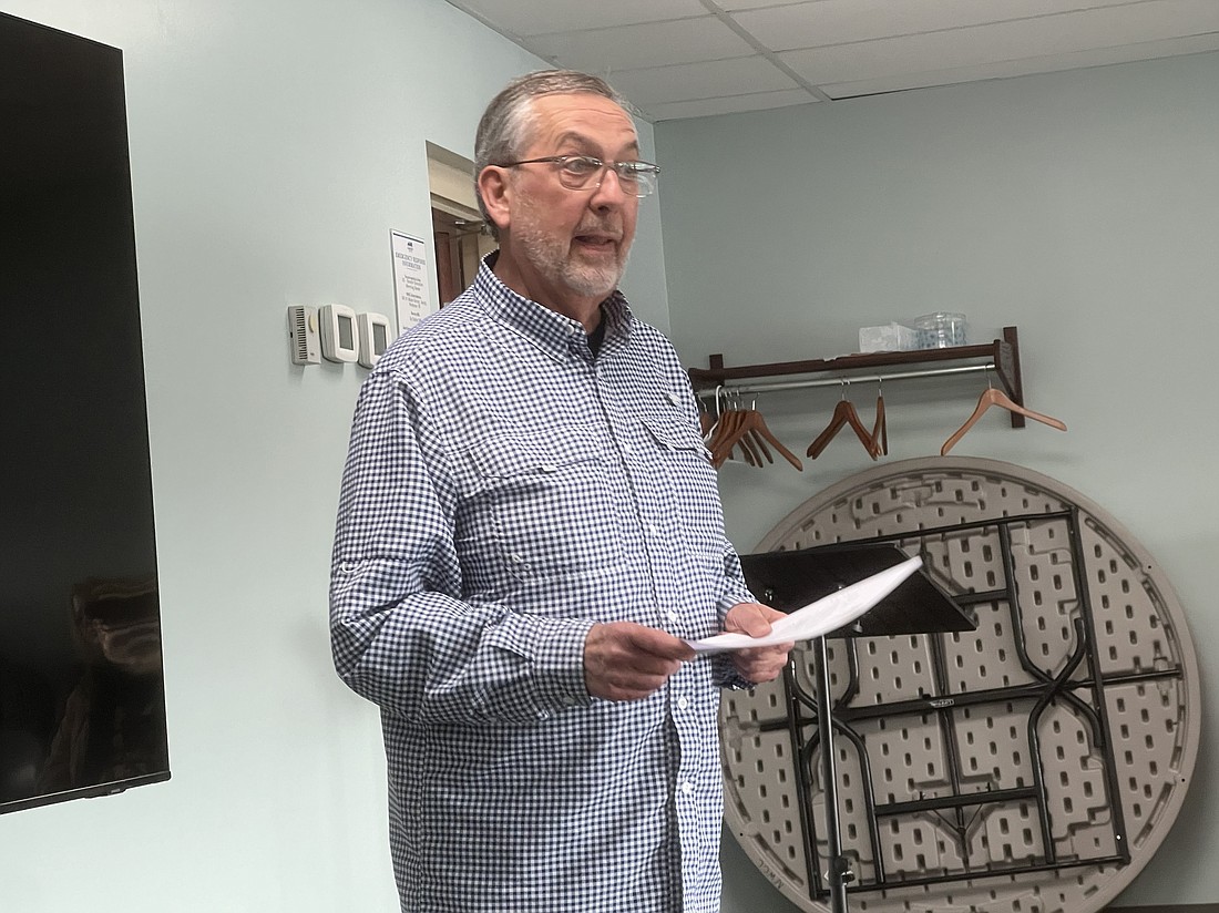 John Lantz, president of the board of directors of the Kosciusko County Animal Welfare League, spoke during Tuesday’s meeting of the North Webster Town Council. Photo by Keith Knepp, InkFreeNews