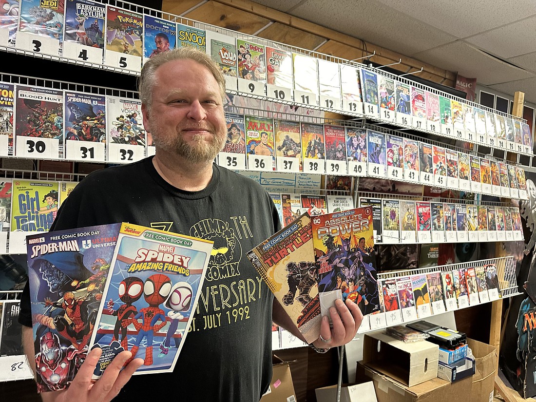 Free Comic Book Day is at Chimp’s Comix & Video Games, 919 E. Winona Ave., Suite 4, Warsaw, from 10 a.m. to 7 p.m. Saturday, May 4. Chimp’s owner Nick Kelley displays some of the free comics that will be available. Photo by David Slone, Times-Union