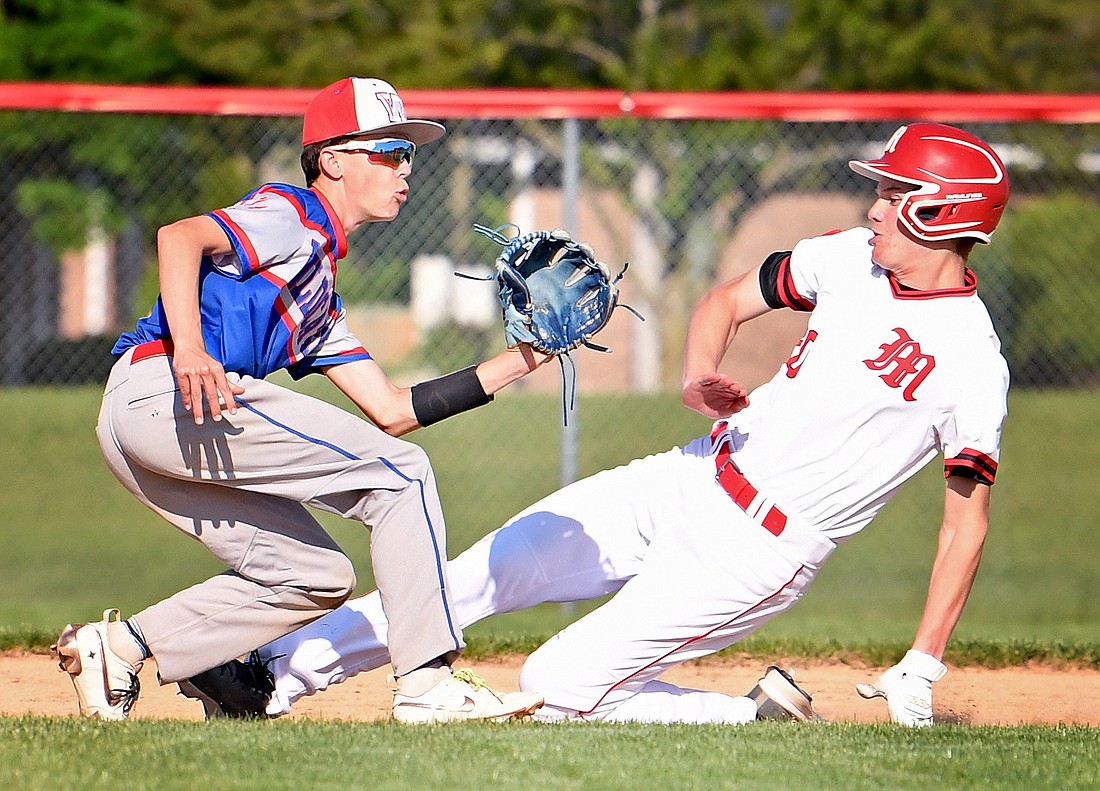 Manchester senior Payton Jones slides safely into second while Whitko junior Kale Hepler waits for the ball...Nieter