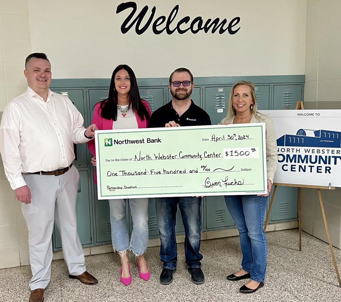 Northwest Bank recently donated $1,500 to the North Webster Community Center. Pictured are Devin Schultis, Northwest Bank area manager; Gwen Fuchs, Northwest Bank financial center manager; Josh Himelick, Northwest Bank financial center banker; and Emily Shipley, executive director of the North Webster Community Center. Photo Provided.