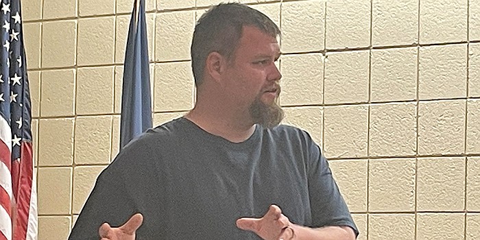 Adam Custer, with Mobile Storage Near Me in Warsaw, attended Pierceton Town Council’s Monday meeting to advocate for commercial usage of cargo containers in town. Photo by Liz Adkins, InkFreeNews