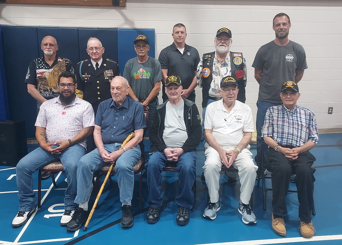 Pictured (L to R) are, front row: Adam Aguilar, Forrest Kantner, Steven Shumaker, James Gast, Roger Studebaker; back row: Roger King, William “Bud” Long, Kenneth Wolf Jr., Dale Campbell, David Oberg and Kenneth Reed. Photo by Jackie Gorski, Times-Union