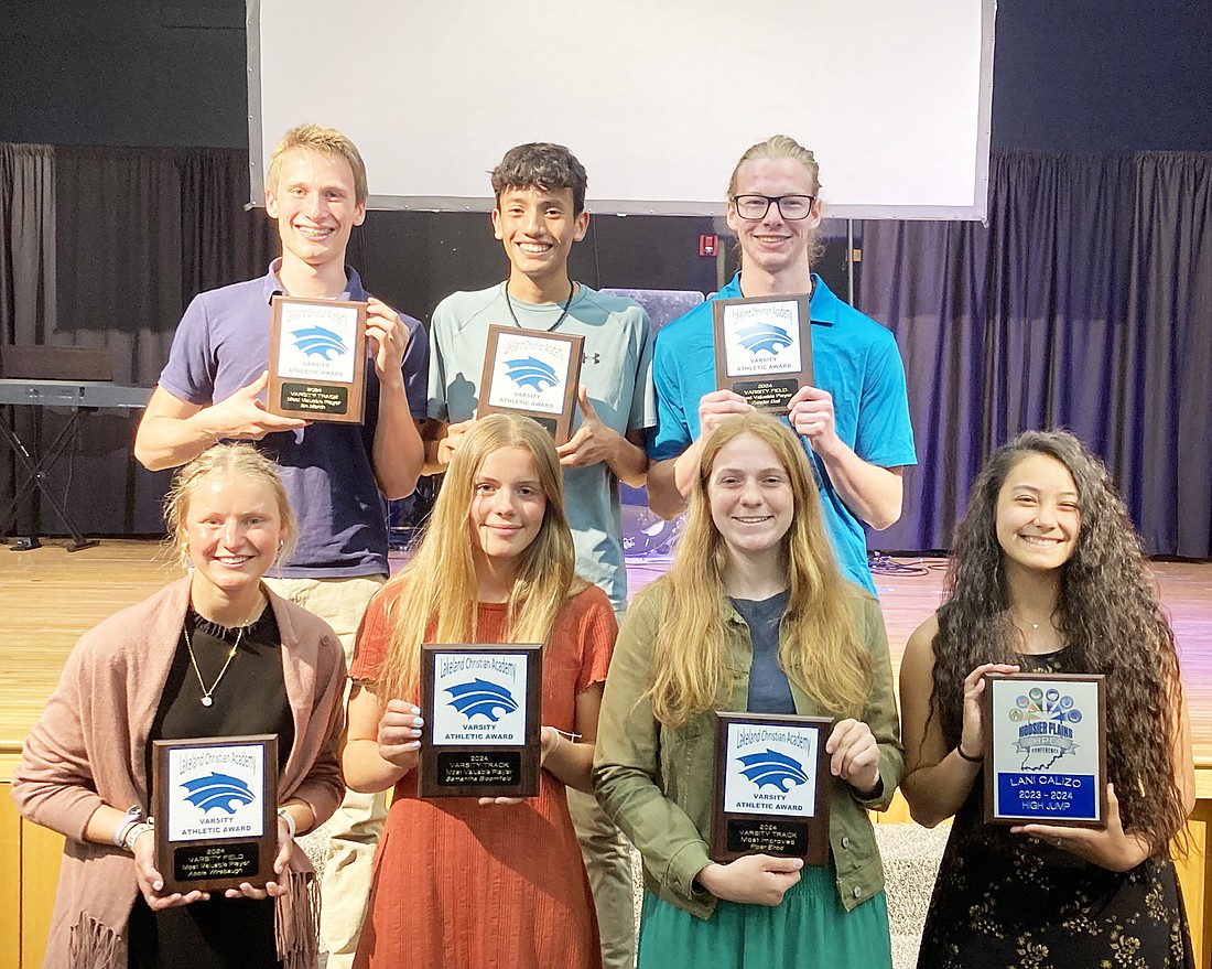 LCA held its annual Track and Field Awards Night on Monday.  Pictured are the award winners.  Bottom Row (L to R):  Abigail (MVP-Field); Samantha Bloomfield (MVP-Track); Piper Elrod (Most Improved-Girls); Lani Calizo (Hoosier Plains Conference Champion – Long Jump). Top Row (L to R): Ian Martin (MVP-Track); Jorge Gerber (Most Improved-Boys); Zander Bail (MVP-Field & Hoosier Plains Conference Champion – 110M Hurdles).