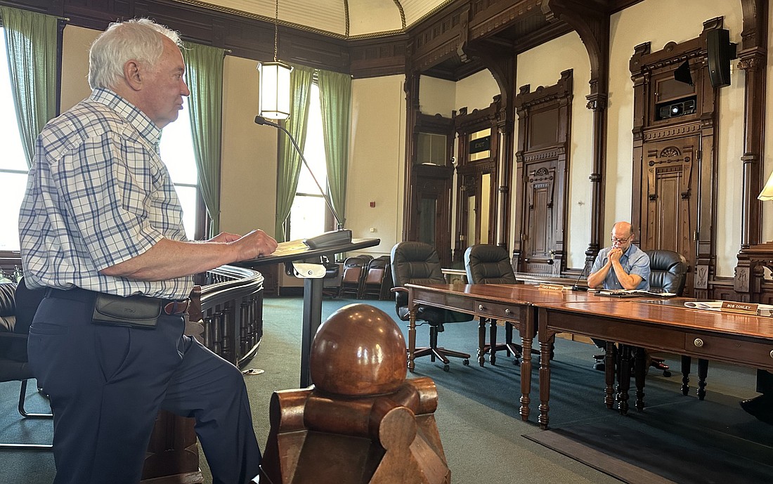 Attorney Steve Snyder tells the Kosciusko County Commissioners about his concerns with an ordinance regarding cargo containers. Photo by David Slone, Times-Union.