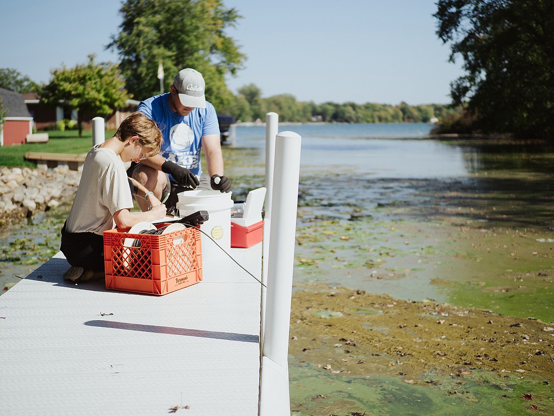 A blue-green algae bloom, which may lead to increased toxins, often looks like a bright green paint spill. Report a bloom sighting to the Lilly Center by calling 574-372-5281 or by emailing lakes@grace.edu. Photo provided.