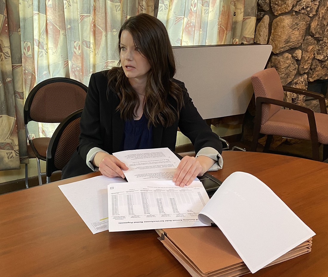 Baker Tilly Manager Megan Gibson speaks during a special Tippecanoe Valley School Board meeting Thursday in the Tippecanoe Valley School Corp. administration building. Photo by Leah Sander, InkFreeNews.