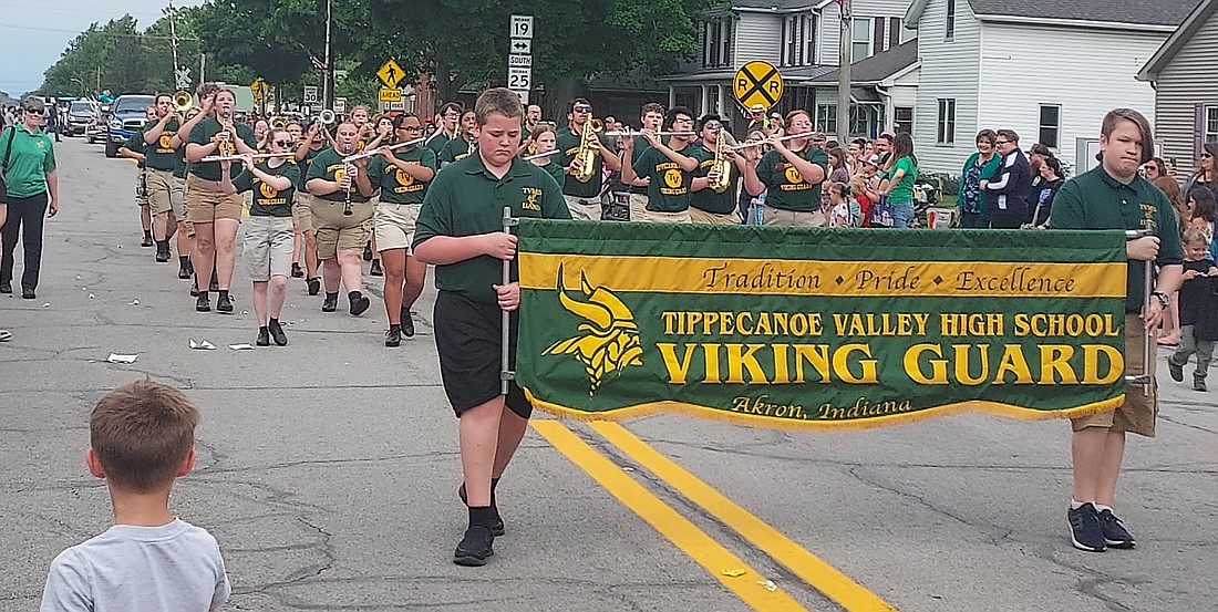 The Tippecanoe Valley Marching Band participated in Mentone’s Egg Festival parade Saturday. Photo by Jackie Gorski, Times-Union