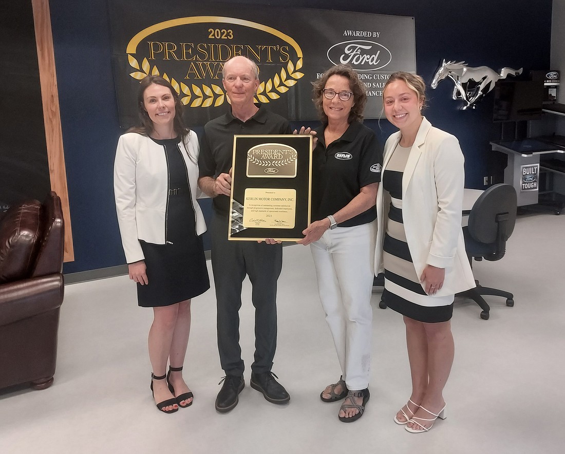 Pictured (L to R) are Amanda Agnello, CX manager in the Detroit region for Ford Motor Company; Kerlin co-owners Rick Kerlin and Valerie Warner and Sydney Rathburn, service performance zone manager in the Detroit region for Ford Motor Company. Photo by Jackie Gorski, Times-Union