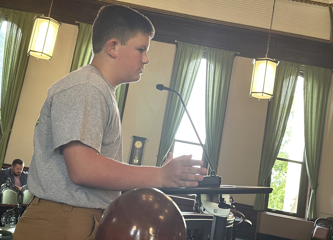 As part of the Kosciusko County 4-H Council’s request for 2025 funding from the county, Beau Goshert, a member of Leesburg Mighty Farmers, told the county commissioners Tuesday why 4-H is important to him. Photo by David Slone, Times-Union