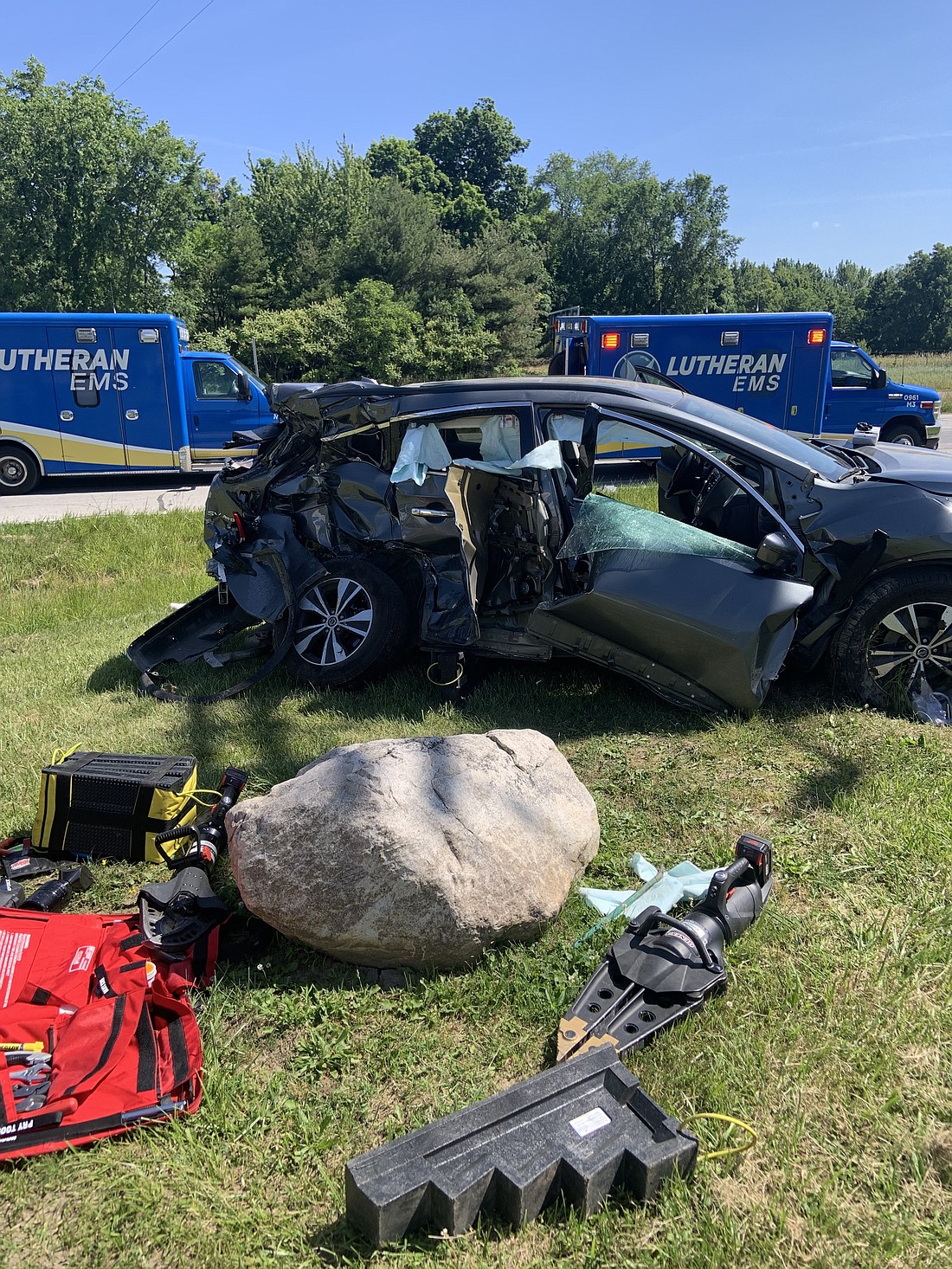 The driver of this Nissan Murano and one passenger were injured, while a second passenger was killed, in a Tuesday morning crash on U.S. 30. Photo provided by Kosciusko County Sheriff's Office.