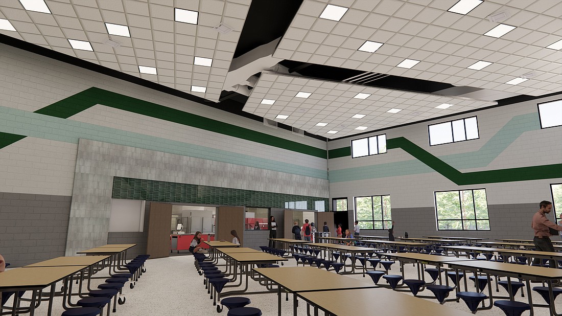 A rendering of the Milford School project’s new cafeteria. Rendering by Elevatus Architecture