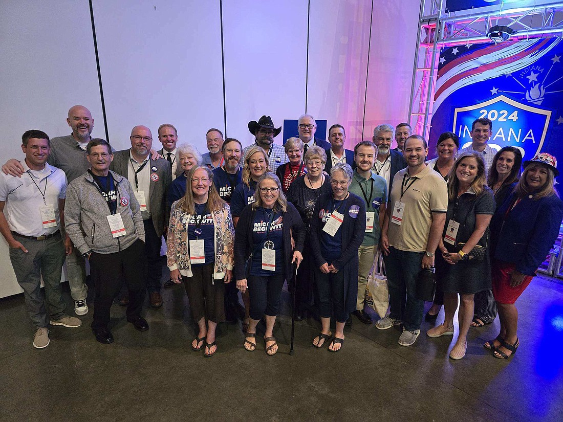 Pictured are Kosciusko County’s delegates to the 2024 Republican State Convention just after they cast their ballots in the lieutenant governor race. Republican delegates from across the state on Saturday nominated Micah Beckwith for lieutenant governor and Todd Rokita for attorney general. Republican candidate for governor Mike Braun’s choice for lieutenant governor was Rep. Julie McGuire, who also was endorsed by former president Donald Trump, but the Indiana GOP delegates narrowly named Beckwith instead. Photo Provided By Austin Rovenstine