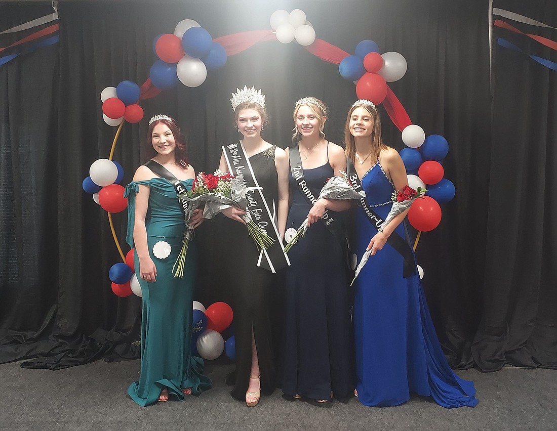 Pictured (L to R) are Millie Ohneck, first runner-up for Miss Kosciusko fair queen; Jordyn Leininger, Miss Kosciusko fair queen; Jasmine Fuller, second runner-up; and Olivia Fuller, third runner-up. Photo by Jackie Gorski, Times-Union