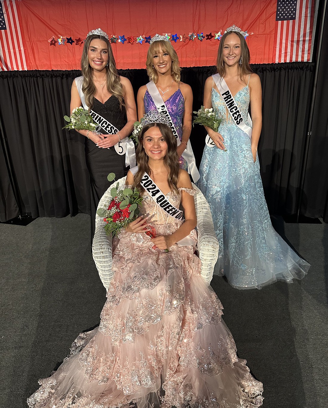 2024 Queen of the Lakes is Madison Nunez (seated). Her court is (standing, left to right) Lillian Kelsey, third runner-up; Rachel Studebaker, first runner-up; and Chloe Bollinger, second runner-up. Photo by David Slone, Times-Union