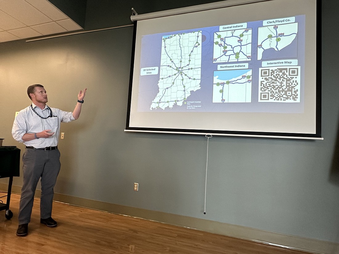 George McCue, Indiana Department of Transportation ZEV program director, talks Tuesday about where the 39 sites awarded grant dollars for electric vehicle charging stations are located. Photo by David Slone, Times-Union