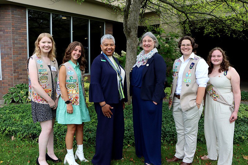 Girl Scouts of Northern Indiana-Michiana CEO Sharon Pohly (center, right) is shown with Girl Scouts of the USA Board member Telva McGruder (center, left) and Gold Award Girl Scout honorees Sunday, June 23 at Goshen College. From left are Caidy Hesting, Macie Marshall, Lainey Wooley and Evelyn Shephard. Photo provided.