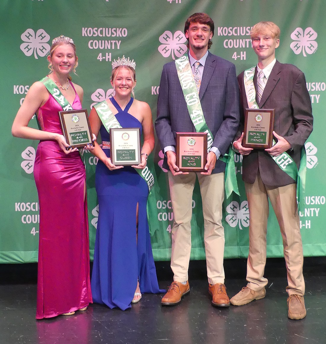 The Kosciusko County 4-H Royalty was announced during Thursday evening's Public Fashion Revue and Awards night at Lakeview Middle School. Reigning as this year's court (L to R) are Jasmine Fuller, princess; Morgan Himes, queen; Riley Shepherd, king; and Carter Grady, prince. Photo by Gary Nieter, Times-Union