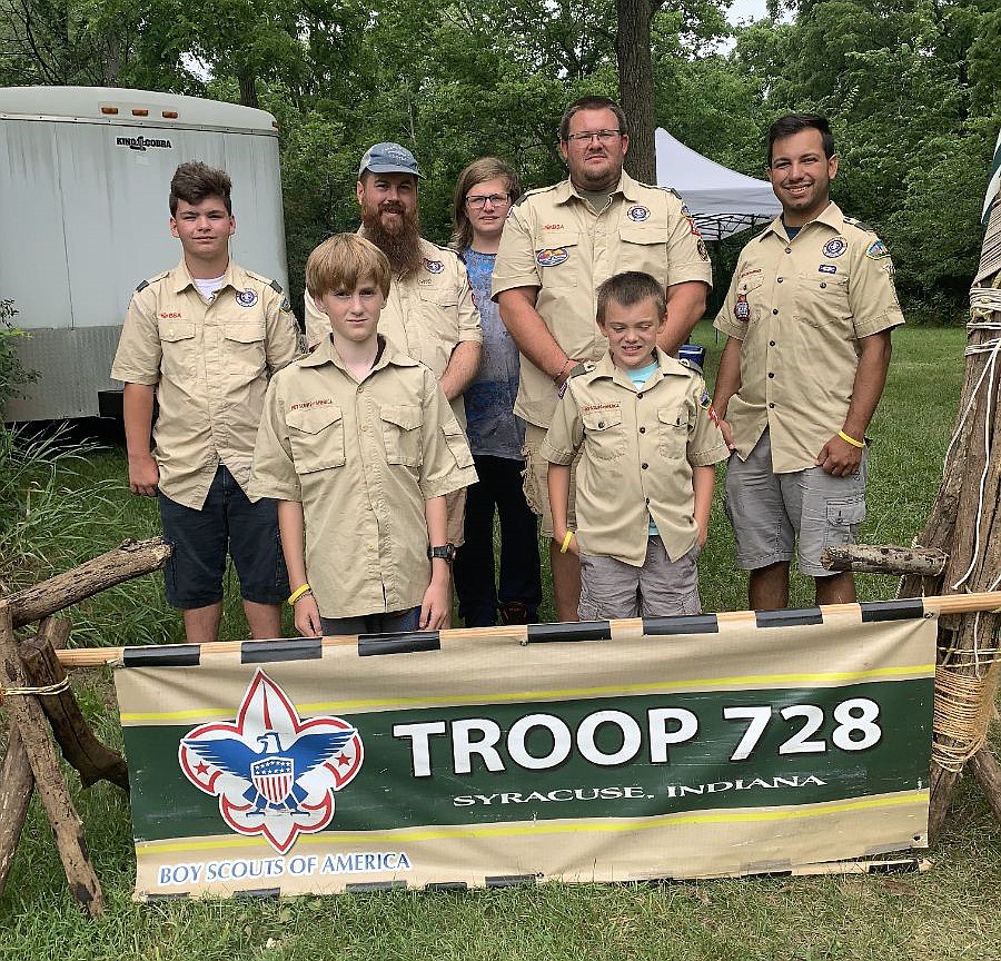 Boy Scout Troop 728 return from Scout camp with merit badges and awards. Pictured (L to R) are, front row: Trent Ritter and Even Scott; back row: Nate Gillam, Scoutmaster Trevor Ritter, Bently Truman, leaders Greg Scott and Matheus Vaz. Photo Provided.