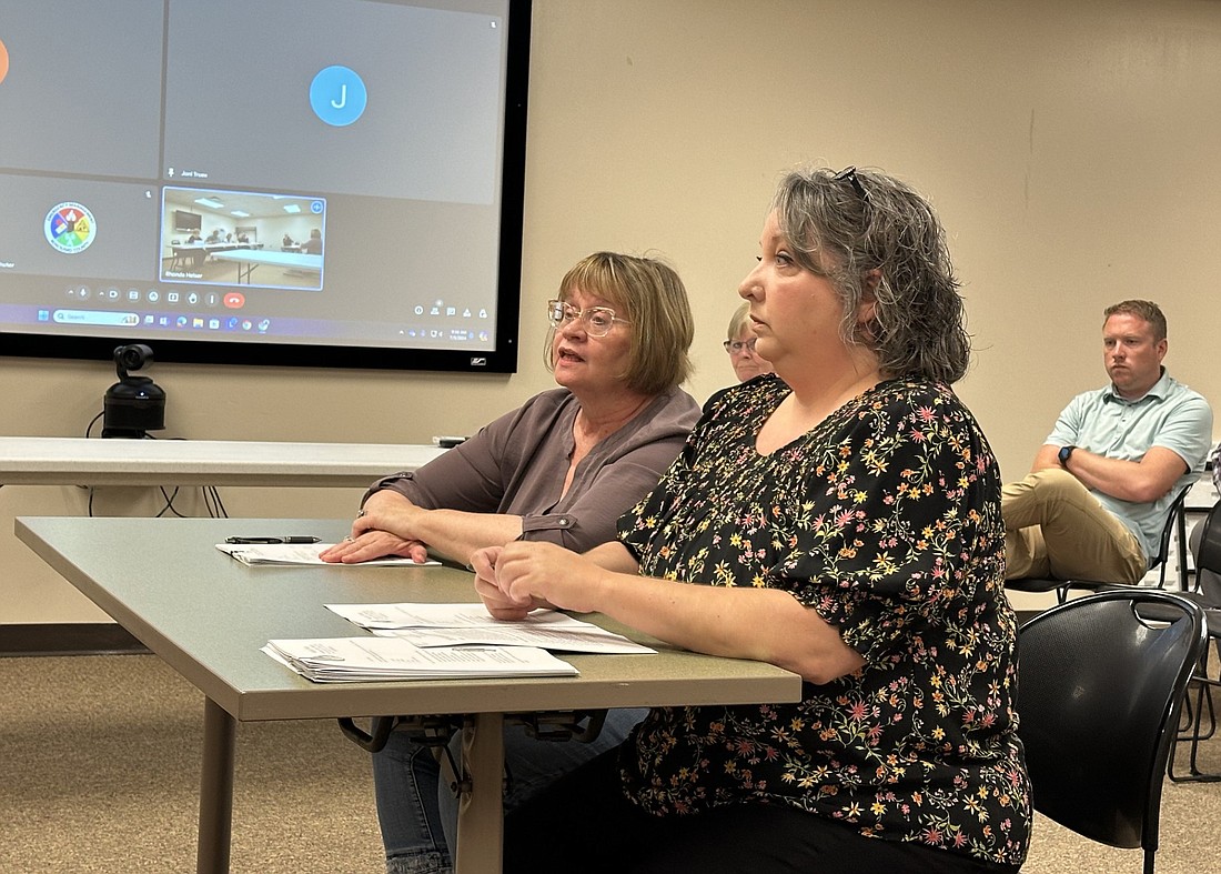 Kosciusko County Treasurer Michelle Puckett (R) and Assessor Gail Chapman (L) re-present the proposed property tax exemption for mobile homes ordinance to the county council Wednesday morning. Photo by David Slone, Times-Union