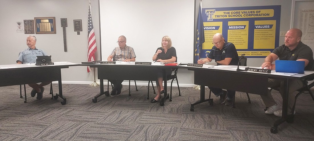 Pictured (L to R) are Triton School Board members Ken Miller, Kevin Boyer, Terri Barnhart and Steve Stichter and Superintendent Jeremy Riffle. Photo by Jackie Gorski, Times-Union