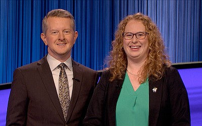 Pictured are Dr. Kathy Davis (R) and “Jeopardy” host Ken Jennings (L). Photo Provided