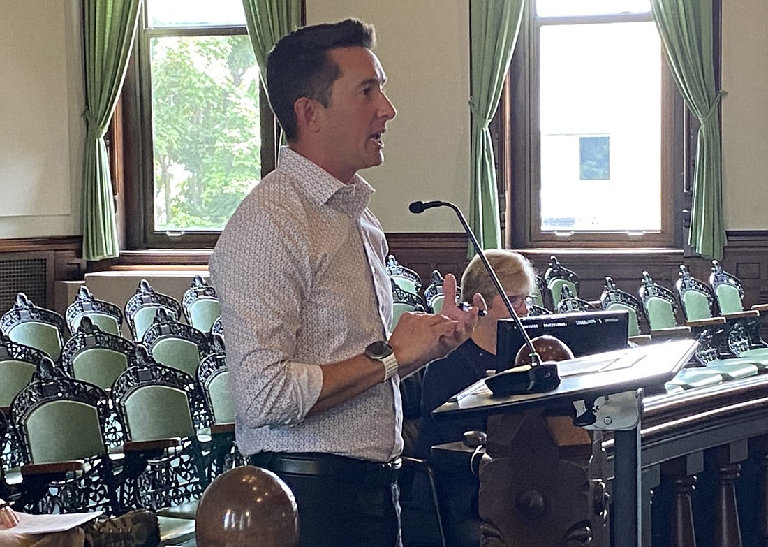 Frank Levinson, with Team FaB, speaks at the Kosciusko County Redevelopment Commission meeting Thursday in the Kosciusko County Courthouse's Old Courtroom. Photo by Leah Sander, InkFreeNews