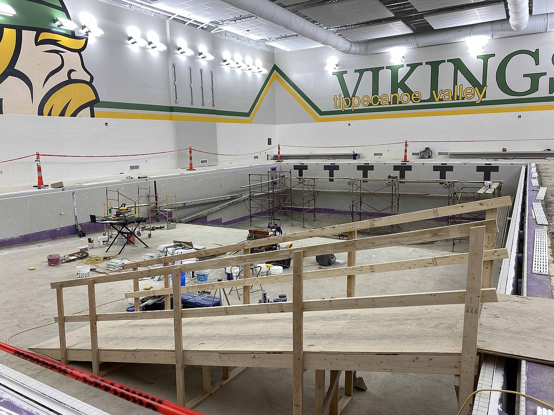 Tile work is currently ongoing at Tippecanoe Valley High School’s pool as part of the school’s construction project. Photo by Leah Sander, InkFreeNews
